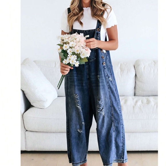 Distressed Wide Leg Adjustable Strap Denim Jean Overalls - Picture 6 of 8